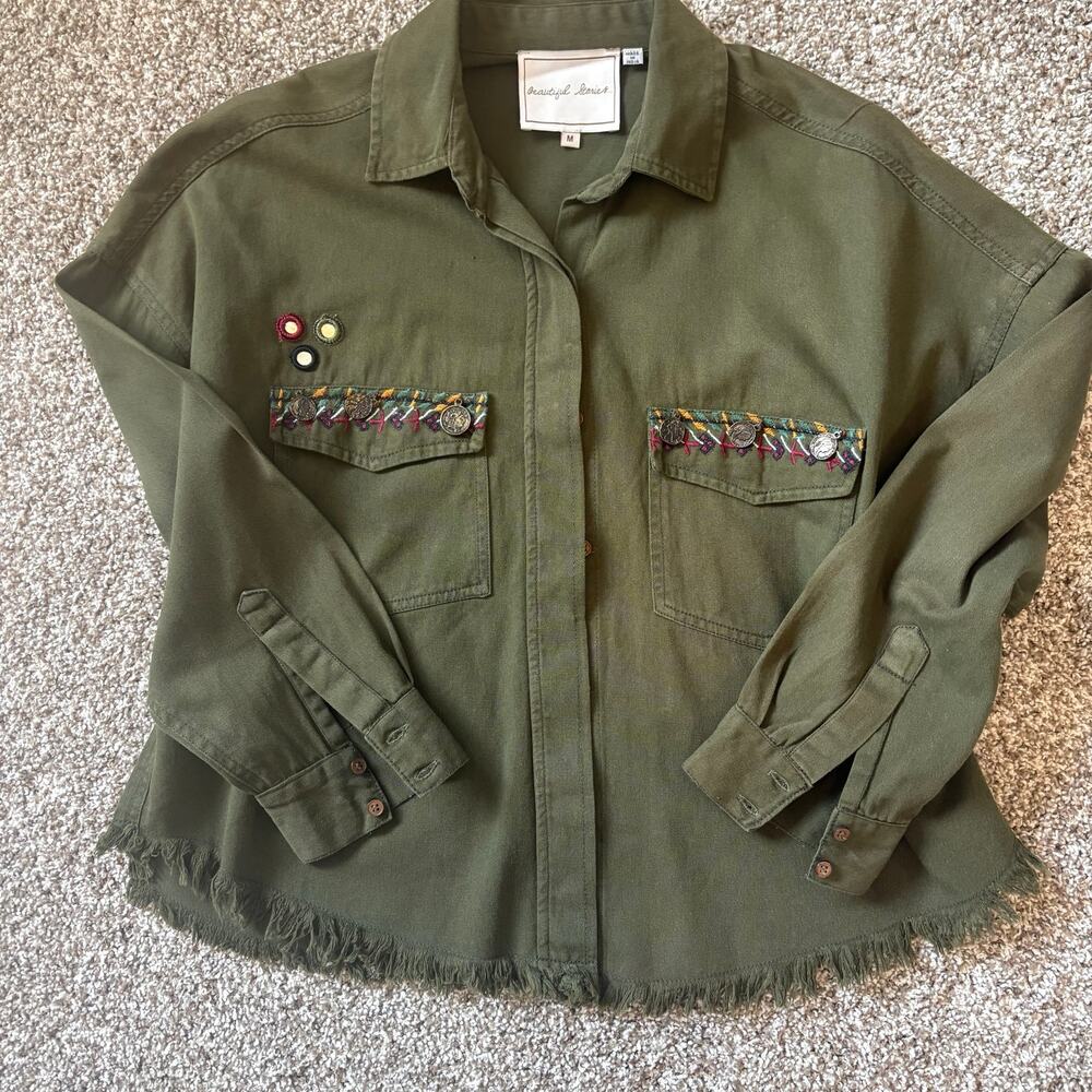 Anthropologie Beautiful Stories Embroidered Olive Jacket M Boho Metal Mirror - Picture 2 of 11